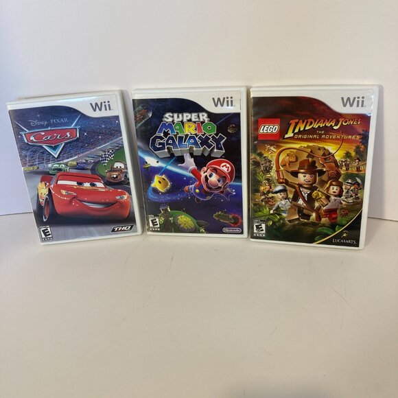 Nintendo Wii Video Game Bundle 3 Tested Super Mario Galaxy Cars Indiana Jones - Picture 1 of 13